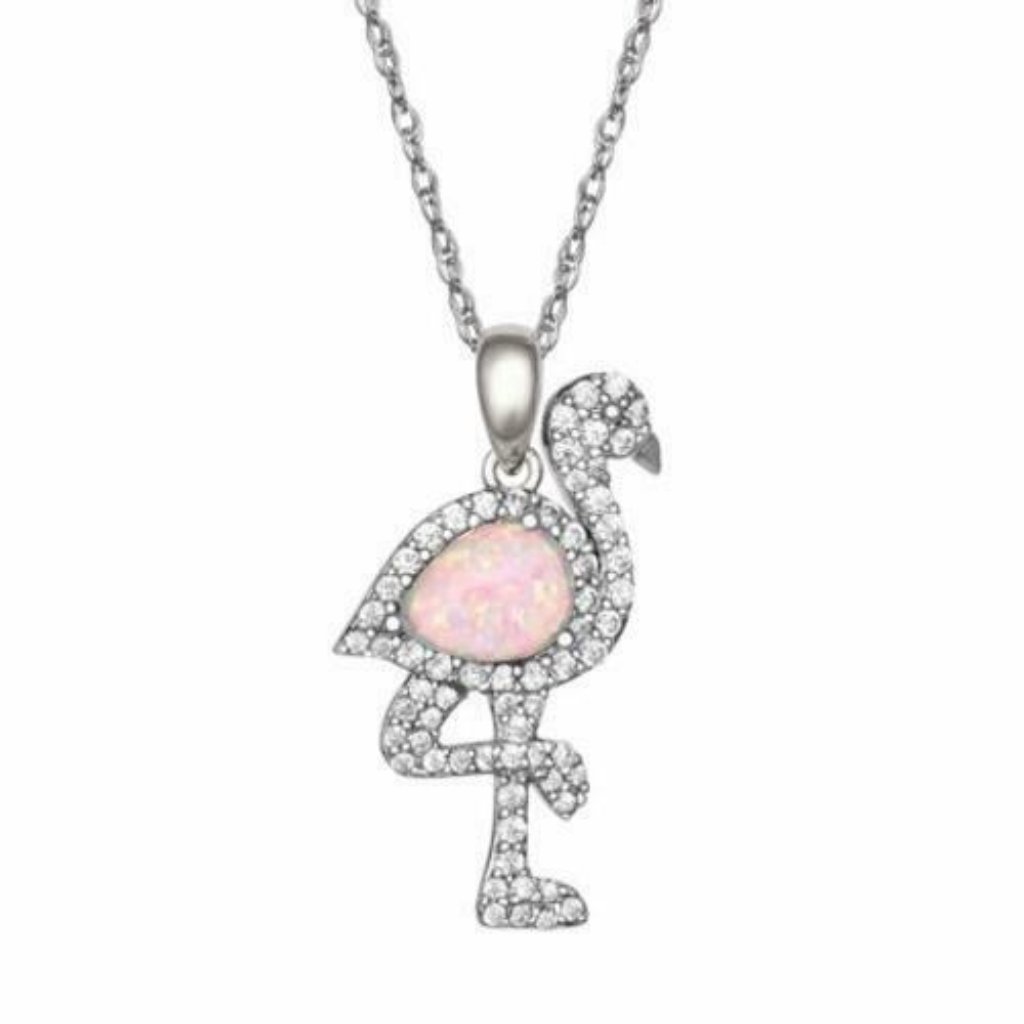 Sterling Silver Cubic Zirconia And Created Opal Flamingo Pendant 18 Chain 36$